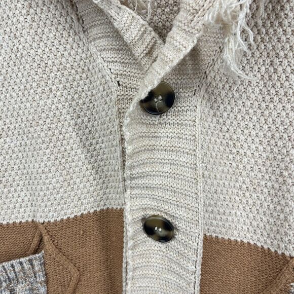 Shawl Collar Cardigan Sweater Womens M/L Beige Gray Patchwork Fringe Boho Knit - Picture 7 of 16